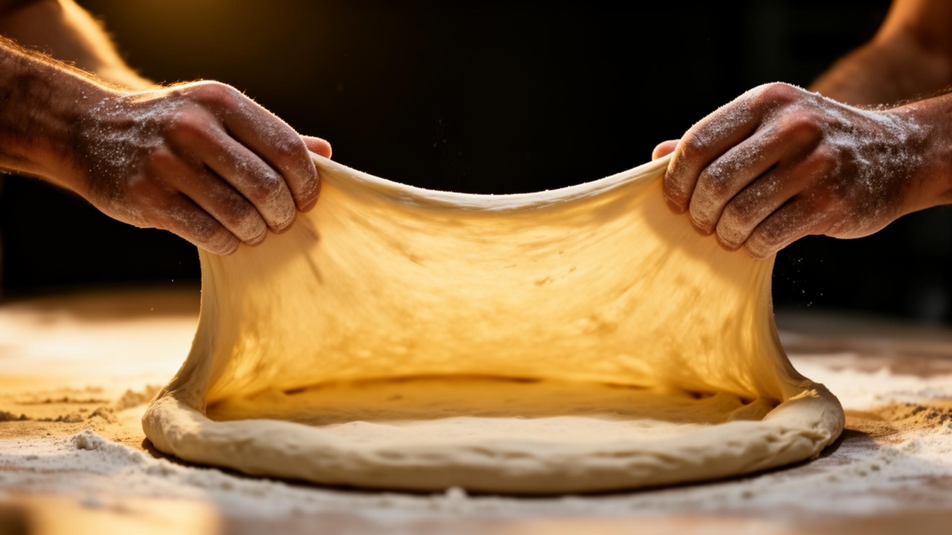Hands stretching artisan pizza dough